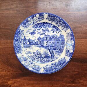 Vintage Blue Porcelain Display Serving Bowl Classic English Country Scene